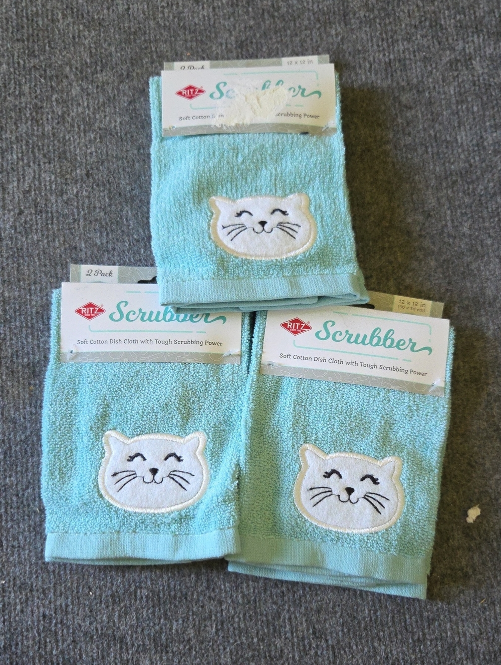 The Spring Shop Aqua Cat Face Scrubber Dish Cloths (Set of 3)